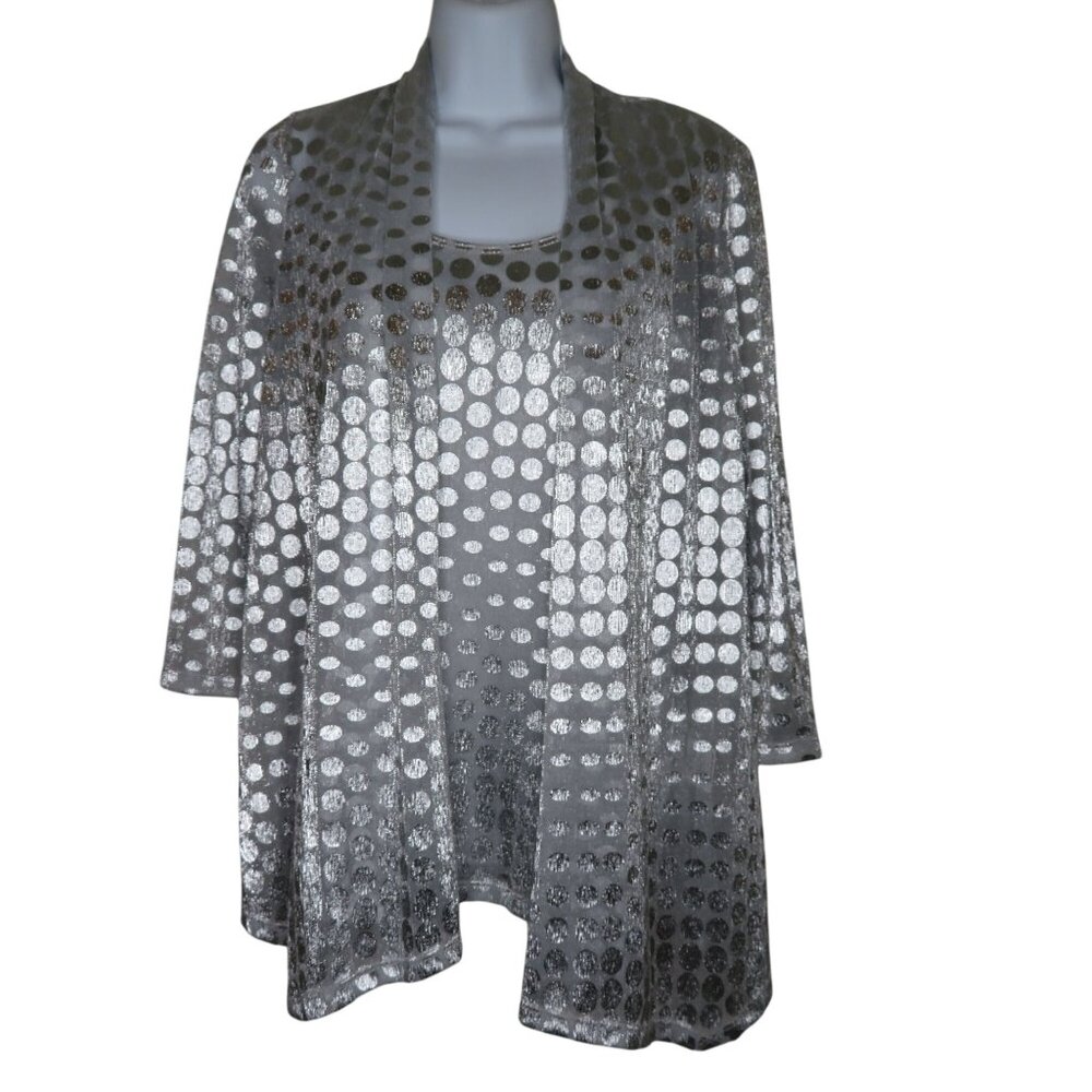 New Onyx Nite Silver Metallic Polka Dot Tank Top & Sheer Cardigan Set Womens S